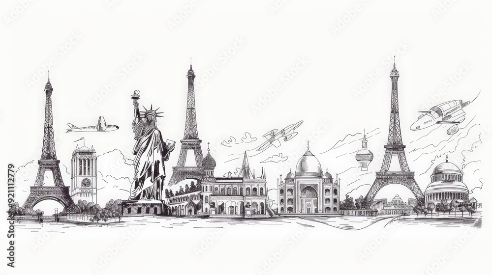 line drawing of famous world landmarks Stock Illustration | Adobe Stock