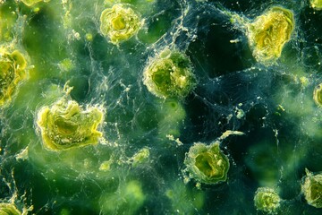 Microscopic view of algae in a water sample, high resolution, detailed textures, crisp focus