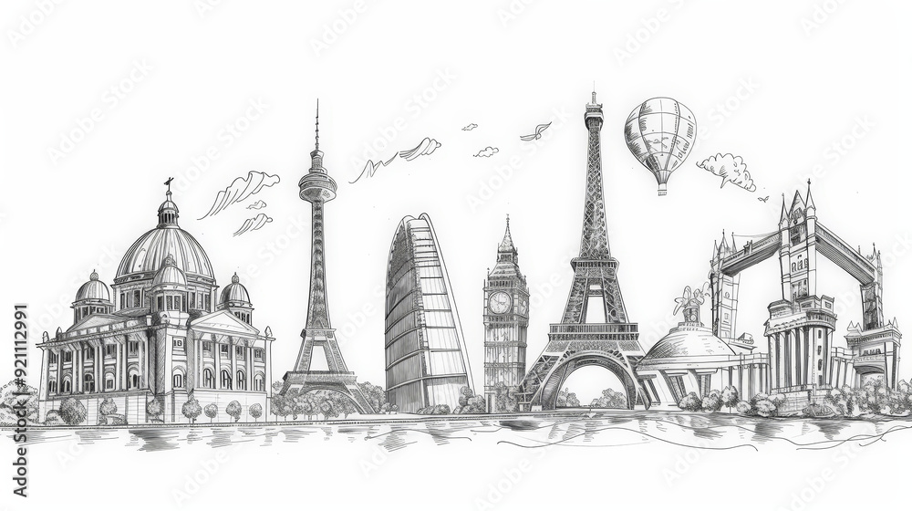 line drawing of famous world landmarks Stock Illustration | Adobe Stock