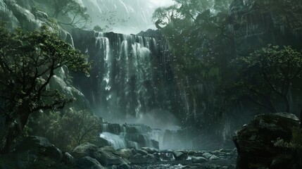 Canvas Print - Mystical Waterfall in a Lush Green Forest