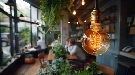 Poster -   A lone bulb dangles above the plant-filled chamber where individuals sit at a table