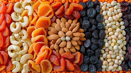 Poster -   A selection of dried fruits and vegetables come in various shapes, sizes, colors, and arrangements