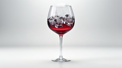 Poster -   A glass of red wine on a white surface against a gray backdrop, with ice cubes inside