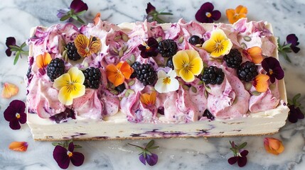 Poster -   A close-up of a cake on a table surrounded by flowers and berries on top