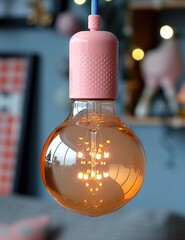 Poster -   A pink-capped bulb dangles from a wall with checkered pink tiles