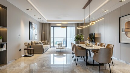 Poster - A large, open living room with a white dining table and chairs