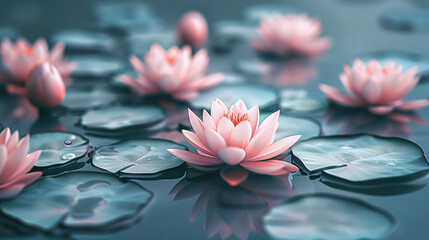 Sticker -   A cluster of vibrant pink water lilies gliding atop a tranquil body of water, surrounded by lily pads in the foreground