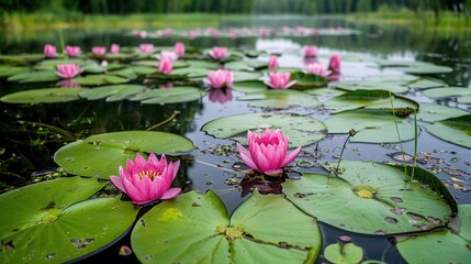 Sticker -   Water lilies floating on a serene pond