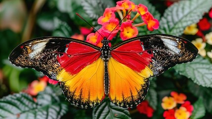 Poster -   A butterfly perched atop a plant with red and yellow blossoms in the background