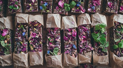 Sticker -   A pile of brown paper bags filled with vibrant purple flowers and lush green foliage on top of each