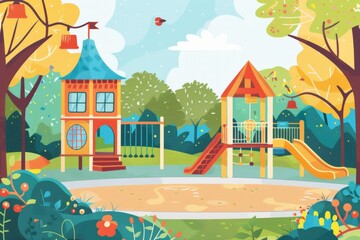 Wall Mural - Kids playground, Kindergarten or school building in park, Children garden nursery, Empty landscape vector cartoon illustration