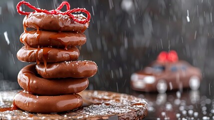 Canvas Print -  Chocolate-covered donuts on a wooden table with a red bow