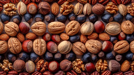 Wall Mural -   A variety of nuts are arranged in a pattern on top of each other, including walnuts, pistachios, almonds, and more