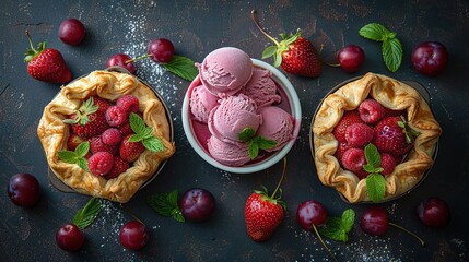 Poster -   A couple of pies sitting atop a table beside a bowl of ice cream and a bowl of strawberries