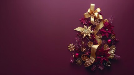 Poster -   Red and Gold Christmas Tree on Purple Background with Gold Bow on Top and Decorations at Bottom