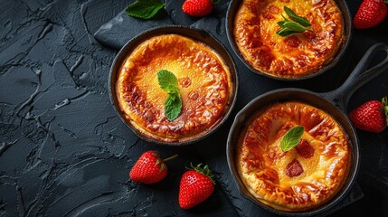 Poster -   Three plates of food on a table with strawberries and mint leaves next to them