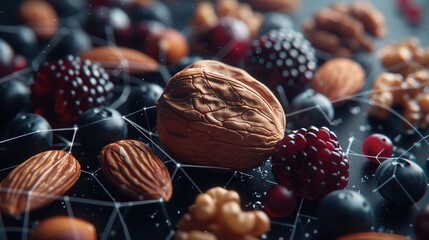 Poster -   Nuts on a table, near berries and wired nuts