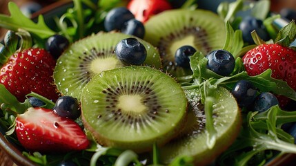 Sticker -   A bowl of mixed berries, including kiwis and strawberries, served with an assortment of strawberries on the side