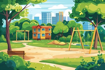 Wall Mural - Bright and cheerful vector illustration of a kid's playground with swings, slides, and a sandbox, next to a kindergarten building in a lush park setting