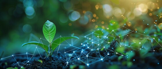 Sticker - A small green plant growing in soil, surrounded by a network of glowing blue connections, symbolizing the intersection of nature and digital technology, innovation, sustainability.