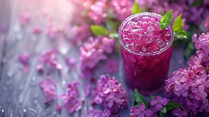 Poster -   A drink with purple hue rests atop a table alongside a bouquet of purple blossoms