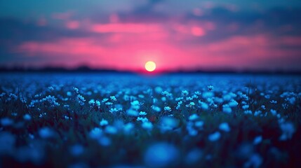 Poster -   A field of flowers bathed in sunlight during midday, with a vibrant blue-pink sky serving as the backdrop