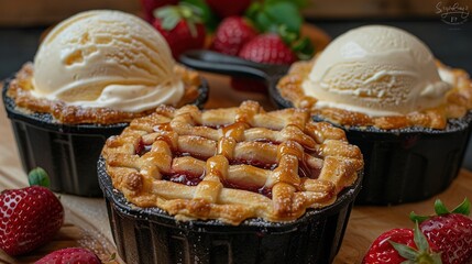 Sticker -   Two pies placed on a wooden cutting board with strawberries and nearby ice cream