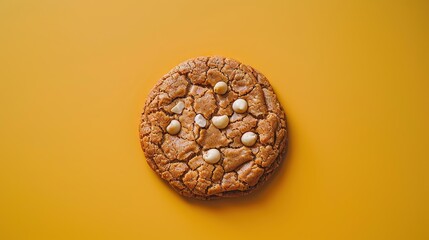 Wall Mural -   A chocolate chip cookie with white chocolate chips on a yellow background with a bite taken out of one of the cookies