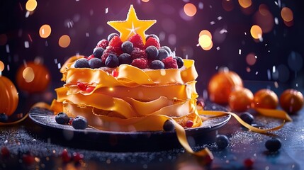 Poster -   Close-up image of a plate containing a cake with fresh berries and a star-shaped cake topping