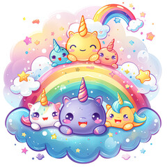 A group of unicorns are sitting on top of a rainbow