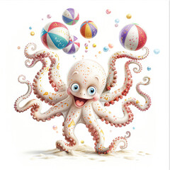 Wall Mural - A cartoon octopus is holding a bunch of colorful balls in its tentacles