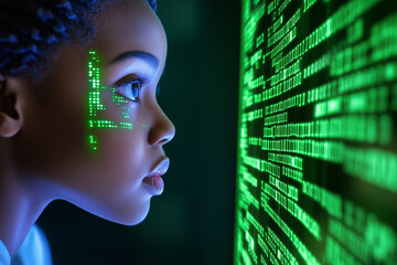 A black woman with glowing digital code on her face looking at the screen, symbolizing AI technology and computer coding concept, green color theme, background is dark