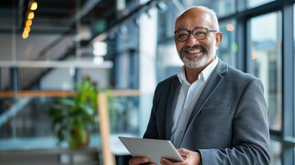 Poster - A man in a suit and glasses is smiling and holding a tablet