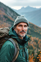 Poster - A man wearing a green jacket and a grey hat is standing on a mountain