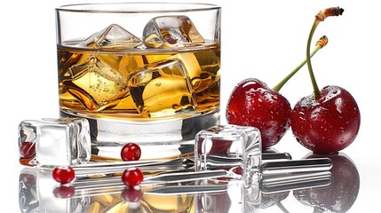 Poster -   Glass with ice and cherries adjacent to glass with whiskey and ice cubes and cherries