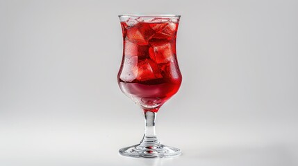 Poster -   A glass of red liquid with ice cubes on the rim and a small amount of ice cubes in the bottom of the glass