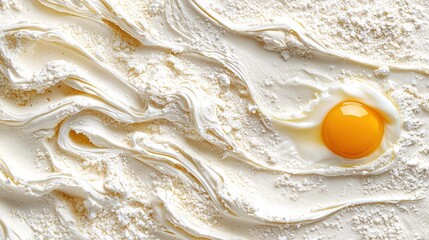   A close-up of an egg on a white plate with a brown egg cracking open at its center