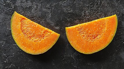 Poster -   A couple of melon slices resting on a dark countertop with droplets of water dripping from them