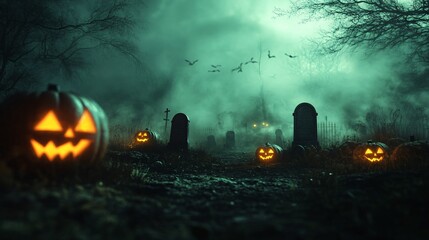 A dark Halloween night background featuring a foggy graveyard, with old tombstones, creeping mist, and glowing jack-o-lanterns