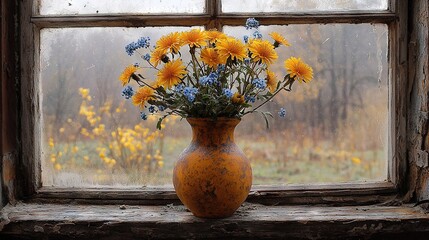 Wall Mural -   A vase filled with yellow and blue flowers rests atop a window sill, framed by a window