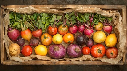 Poster -   A box brimming with diverse produce atop a wood table