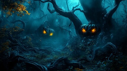 Wall Mural - a mystical halloween forest background, with glowing eyes peering from the shadows, and eerie, twist