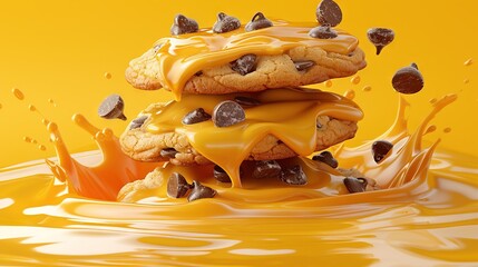 Poster -   Cookies on puddle with chocolate chips falling