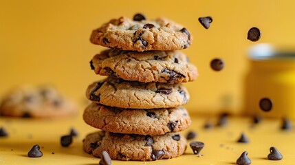 Sticker -   A stack of chocolate chip cookies on a table, adjacent to a peanut butter and chocolate chip jar