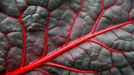 Poster -    a single leaf, centered, featuring two prominent red veins, one running down the midline and another crossing through the center