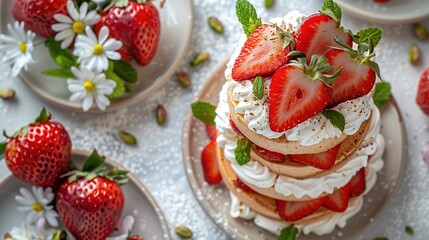 Wall Mural -   Close-up shot of a cake on a plate surrounded by fresh strawberries and daisies on a nearby table