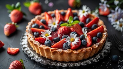 Wall Mural -  Strawberries, Blueberries, Raspberries, Daisies on Black Surface Pie