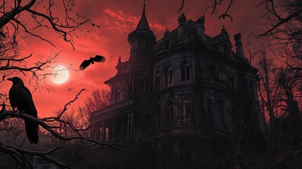 Creepy Halloween backdrop with a blood-red sky, black crows perched on dead branches, and a crumbling Gothic mansion