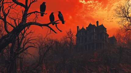 Wall Mural - creepy halloween backdrop with a blood-red sky, black crows perched on dead branches, and a crumblin