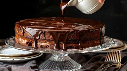 Wall Mural -   A chocolate cake being drizzled with chocolate icing on a cake platter with plates and forks